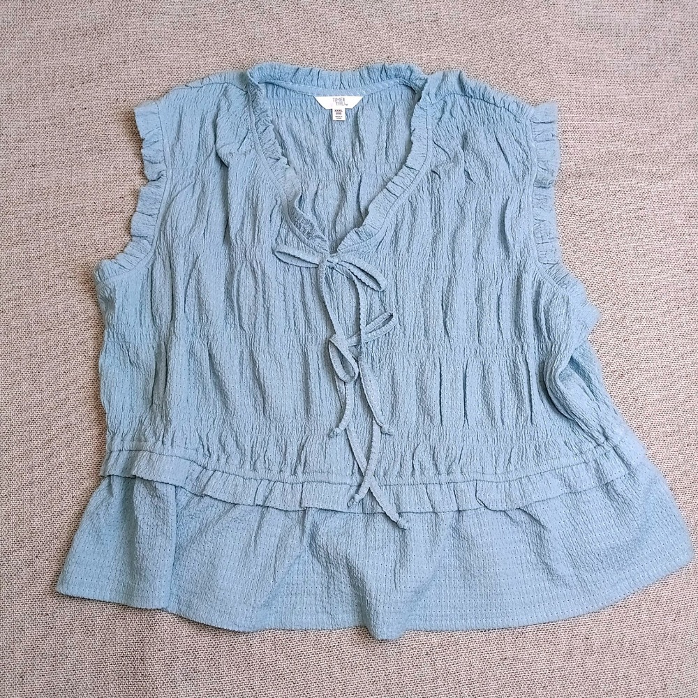 Time and Tru Peplum Top Womens XXXL 22 Blue Excellent Ruffle Eyelet Tie Front